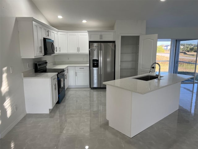 kitchen with white cabinetry, sink, black appliances, and light stone counters