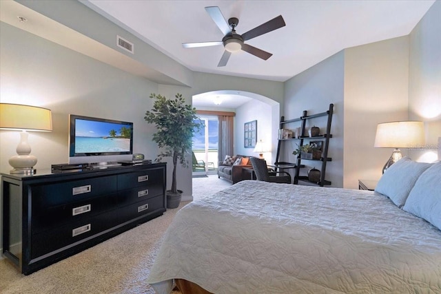 carpeted bedroom with ceiling fan