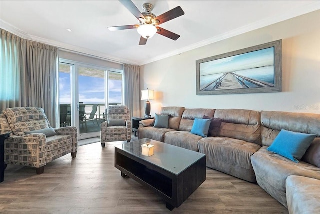 living room featuring ceiling fan, hardwood / wood-style flooring, and ornamental molding