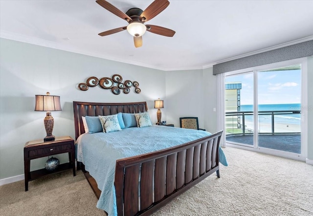 bedroom featuring light carpet, ornamental molding, access to outside, ceiling fan, and a water view