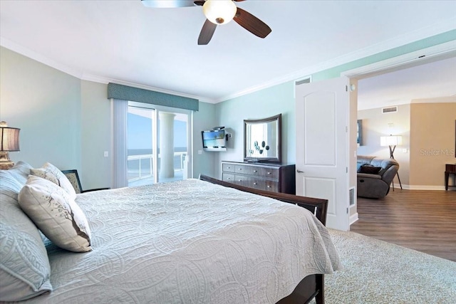 bedroom featuring access to exterior, ceiling fan, wood-type flooring, and ornamental molding