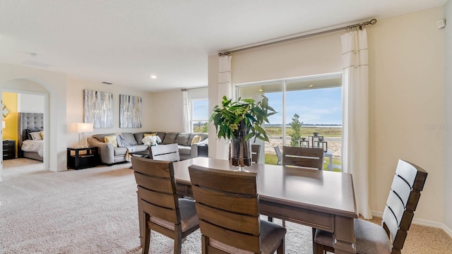 dining space with light carpet