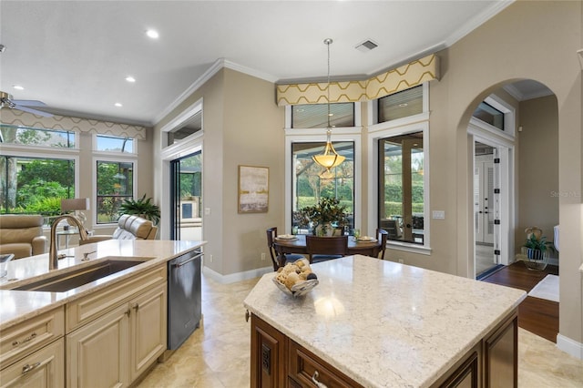 kitchen with hanging light fixtures, a healthy amount of sunlight, sink, and stainless steel dishwasher