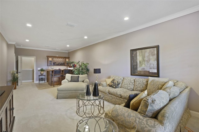 carpeted living room featuring crown molding