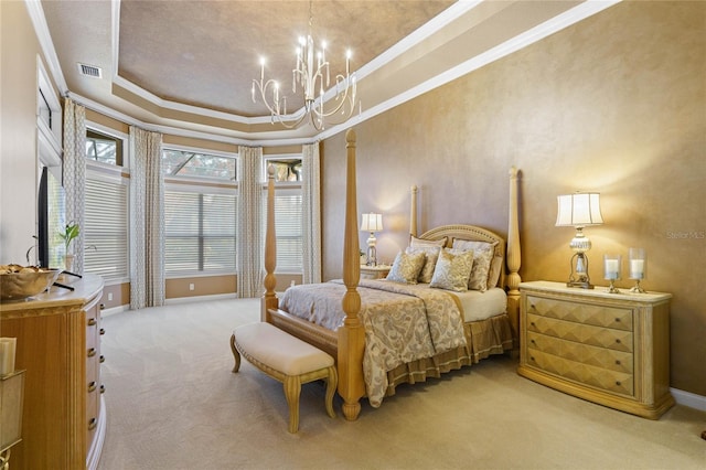 carpeted bedroom with a chandelier, a raised ceiling, and crown molding