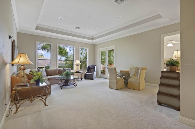 living room featuring a tray ceiling, carpet floors, and a healthy amount of sunlight