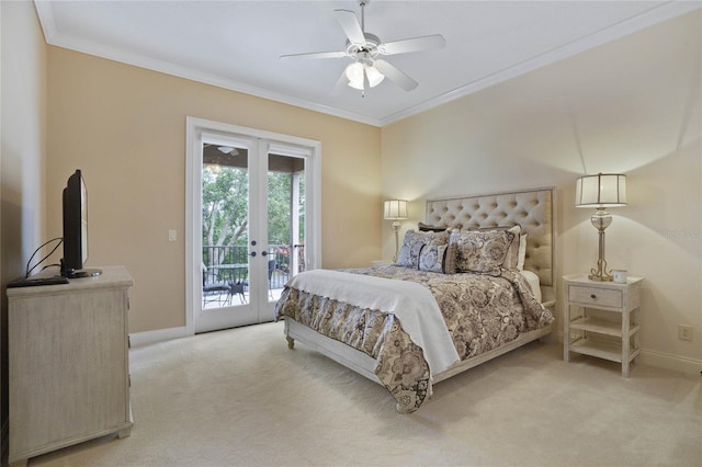 bedroom with access to outside, french doors, crown molding, ceiling fan, and light colored carpet