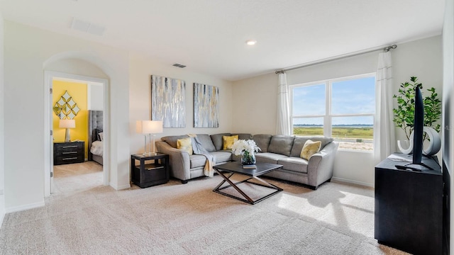 living room featuring light carpet