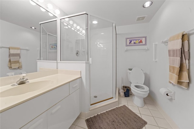 bathroom with tile patterned flooring, vanity, toilet, and a shower with door