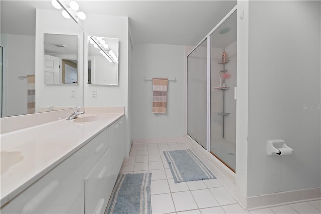 bathroom with tile patterned floors, vanity, and an enclosed shower