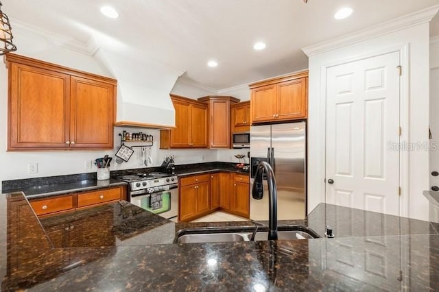 kitchen featuring dark stone counters, stainless steel appliances, ornamental molding, and sink