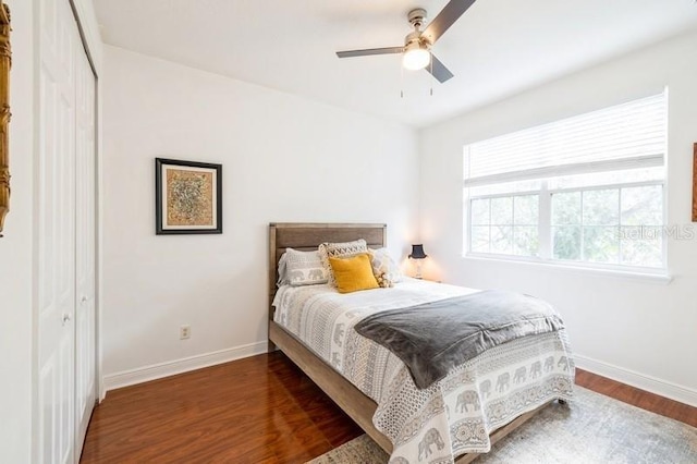 bedroom with ceiling fan, dark hardwood / wood-style flooring, and a closet