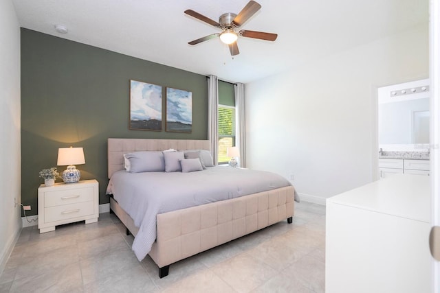 bedroom with ceiling fan and connected bathroom