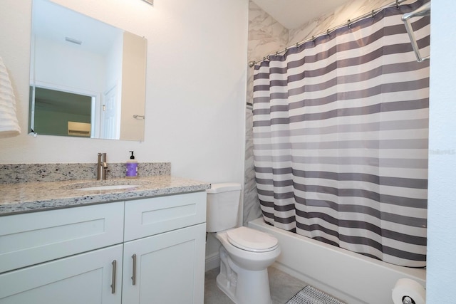 full bathroom with tile patterned floors, vanity, shower / bathtub combination with curtain, and toilet