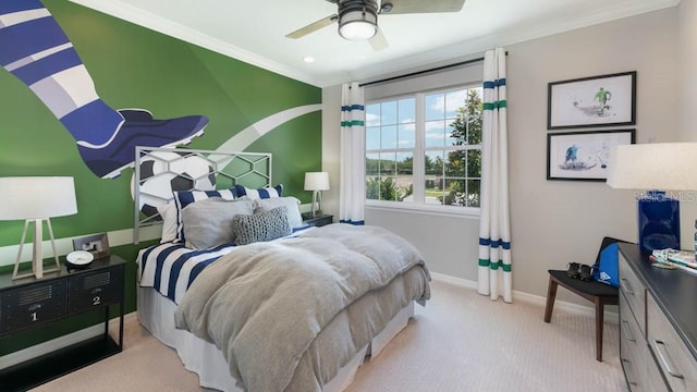 bedroom with ceiling fan, light colored carpet, and ornamental molding