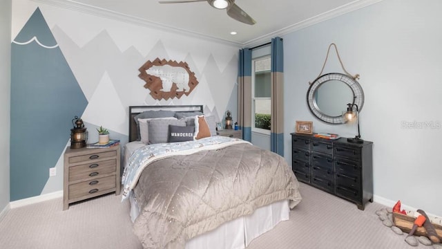 carpeted bedroom featuring ceiling fan and ornamental molding