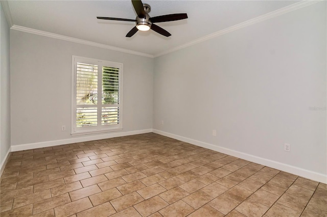 spare room with ceiling fan and crown molding