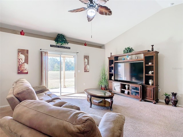 living room with carpet floors, ceiling fan, and lofted ceiling