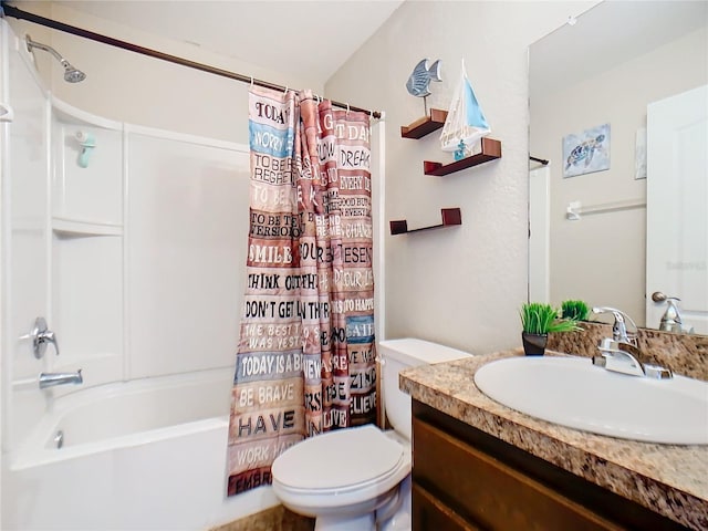 full bathroom with vanity, toilet, and shower / tub combo with curtain