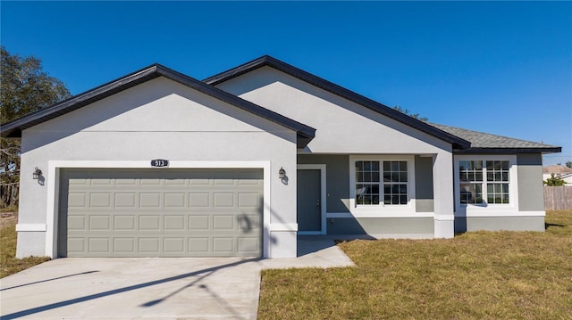 ranch-style house with a front lawn and a garage