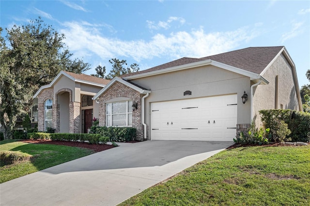 ranch-style house with a garage and a front lawn