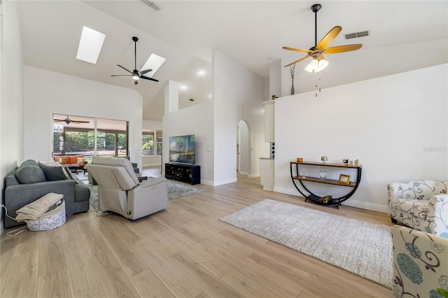 2226 Lake Marion Dr, Apopka, FL 32712 - living area with visible vents, light wood-style floors, ceiling fan, high vaulted ceiling, and a skylight