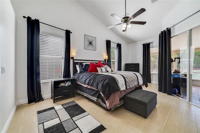 2226 Lake Marion Dr, Apopka, FL 32712 - bedroom with baseboards, ceiling fan, high vaulted ceiling, access to outside, and light wood finished floors