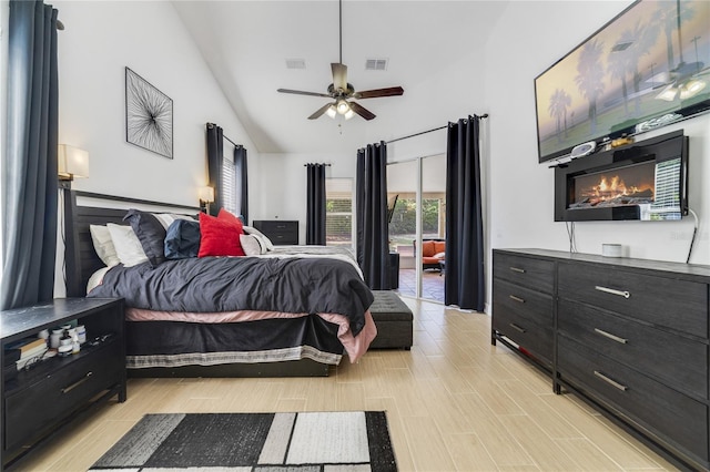 2226 Lake Marion Dr, Apopka, FL 32712 - bedroom with high vaulted ceiling, visible vents, ceiling fan, and light wood-type flooring
