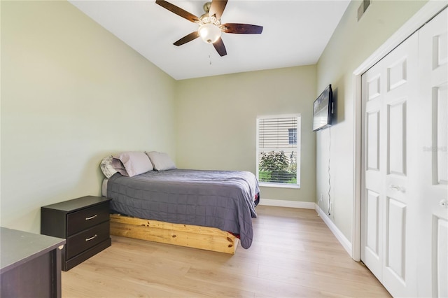 2226 Lake Marion Dr, Apopka, FL 32712 - bedroom featuring light wood-style floors, baseboards, ceiling fan, and visible vents