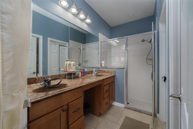 bathroom featuring tile patterned flooring, vanity, and walk in shower