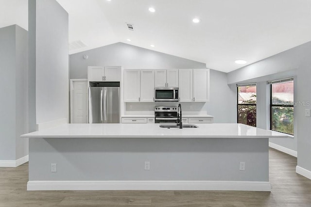 kitchen with sink, white cabinetry, stainless steel appliances, and a large island with sink