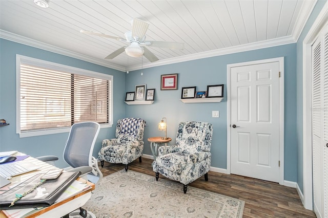 office featuring ceiling fan, wood-type flooring, ornamental molding, and wooden ceiling