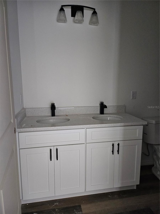 bathroom with wood-type flooring, vanity, and toilet