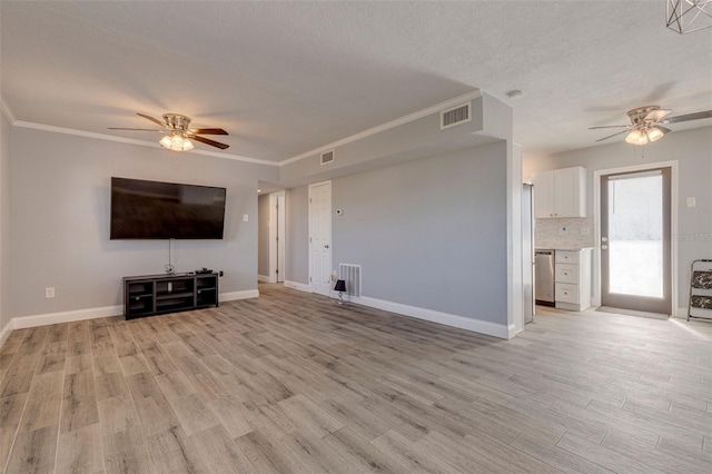 unfurnished living room with crown molding, ceiling fan, light hardwood / wood-style floors, and a textured ceiling