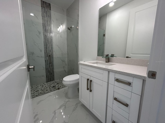 bathroom with vanity, toilet, and a shower with shower door