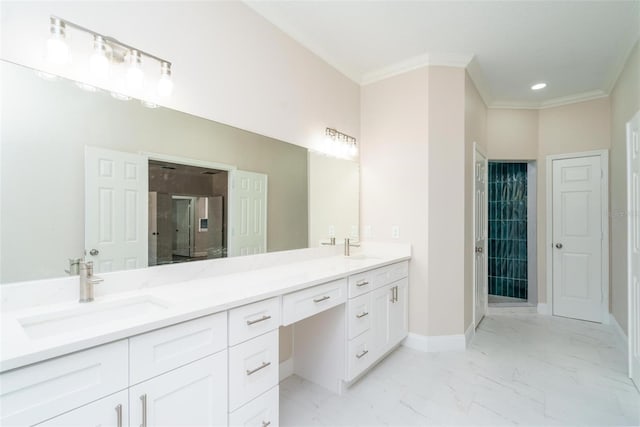 bathroom with vanity, a shower with shower door, and crown molding