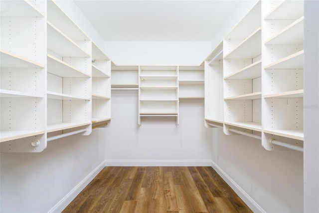 walk in closet with dark hardwood / wood-style flooring