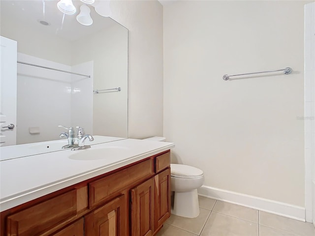 bathroom featuring tile patterned flooring, vanity, toilet, and walk in shower