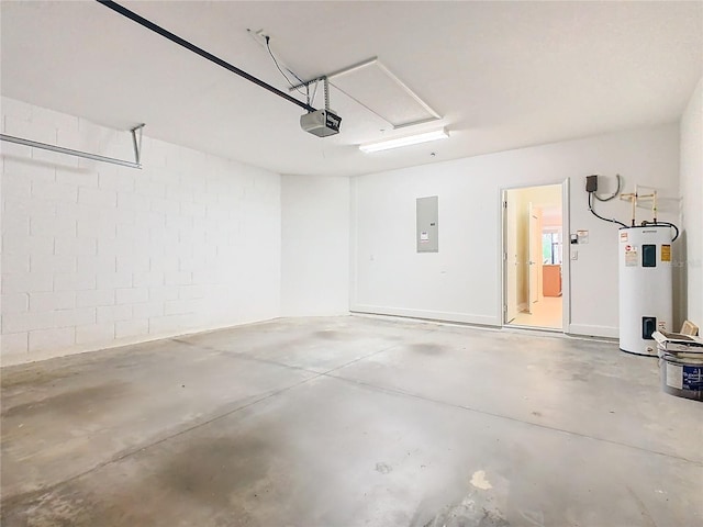 garage featuring electric panel, a garage door opener, and water heater