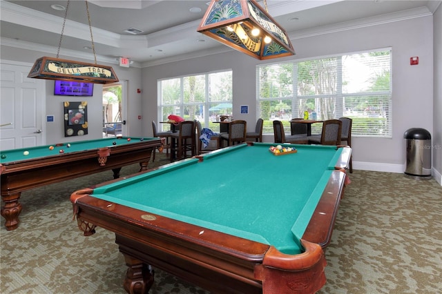 game room with a raised ceiling, crown molding, and billiards