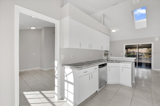 kitchen with sink, white cabinetry, vaulted ceiling, stainless steel dishwasher, and kitchen peninsula