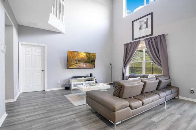 living room featuring plenty of natural light, a towering ceiling, and wood-type flooring