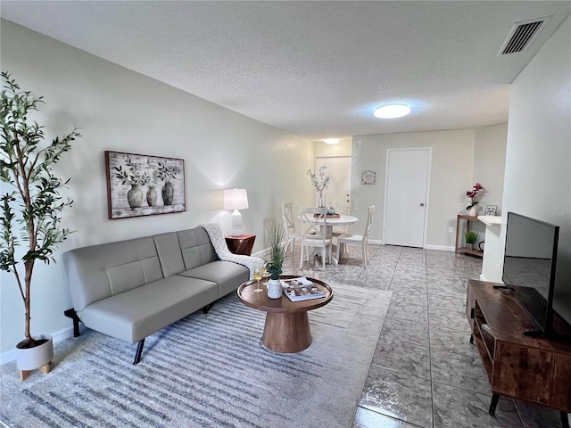 living room with a textured ceiling