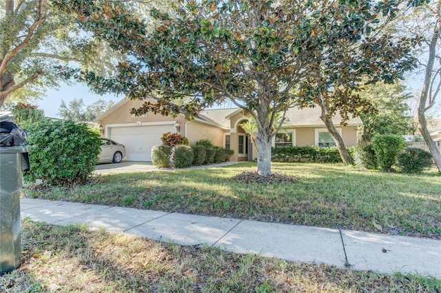 view of property hidden behind natural elements featuring a front yard and a garage