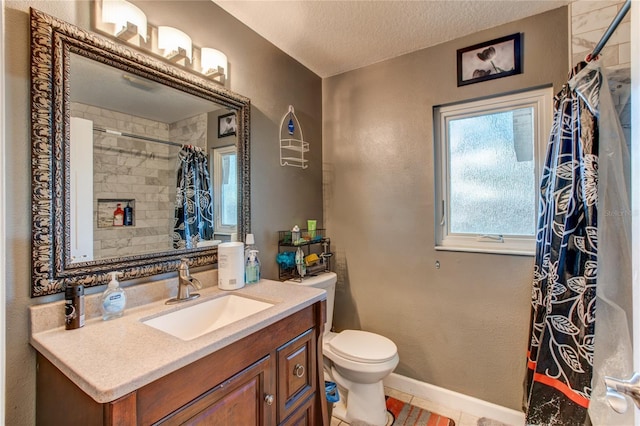 bathroom featuring vanity, tile patterned flooring, toilet, a textured ceiling, and curtained shower