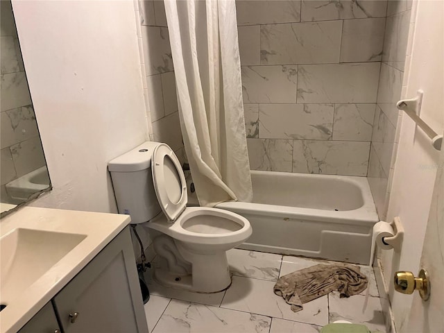 full bathroom with vanity, toilet, and shower / bathtub combination with curtain