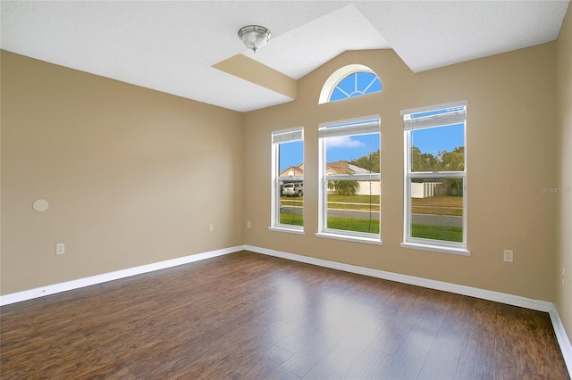 empty room with a textured ceiling, dark hardwood / wood-style flooring, and lofted ceiling