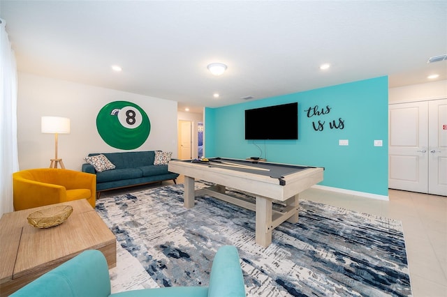 rec room featuring light tile patterned floors and pool table