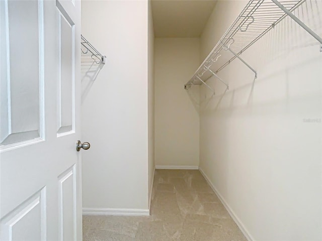 walk in closet with light colored carpet