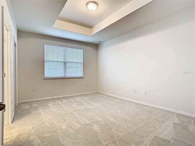 spare room featuring baseboards, a tray ceiling, a textured ceiling, and light colored carpet